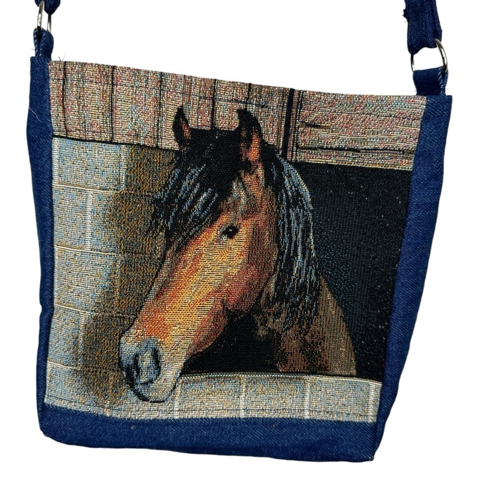 Handmade Fabric Horse Crossbody Shoulder Bag Blue Cotton Floral Interior - Picture 7 of 7